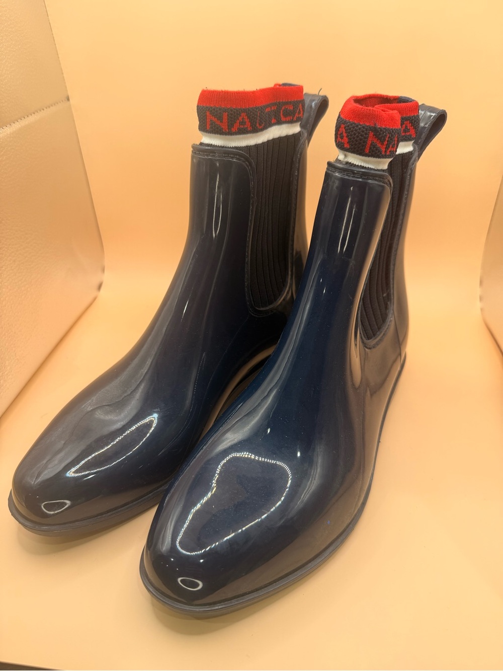 Nautica Glossy Navy Chelsea Rain Boots with Red Knit Collar